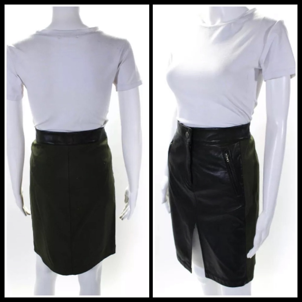 MW Lambskin Leather Army Green Canvas MIDI Skirt - Picture 2 of 11